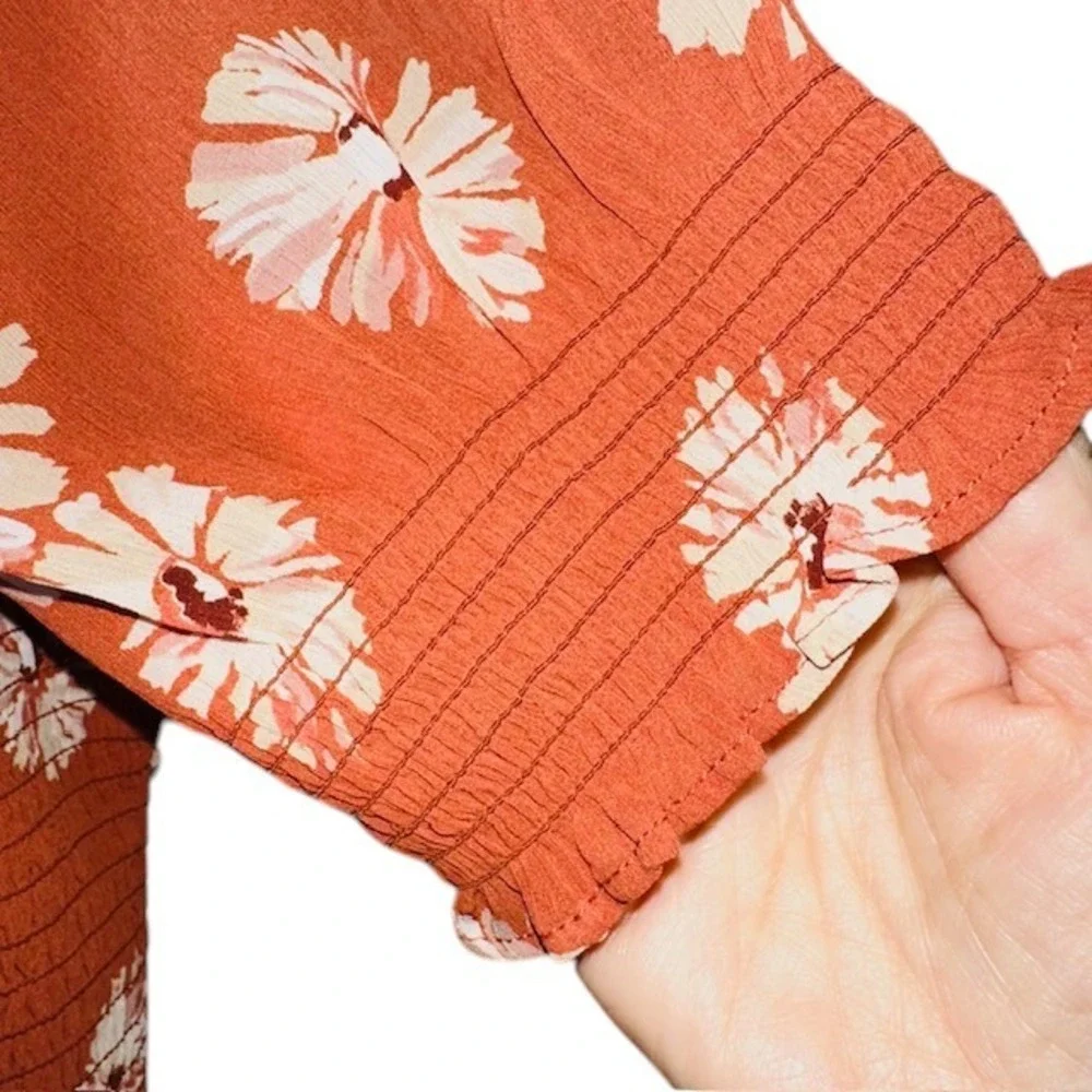 Madewell Georgette Lucie Floral Smocked Top Square Neck Puff Sleeve‎ Rust Size M - Picture 10 of 16